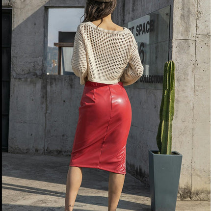 Women's Faux Leather Pencil Skirt High Waist Bodycon Split Midi Skirt