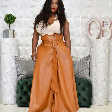 Womens High Waisted Faux Leather Vintage High A-Line Swing Maxi Skirt with Pockets