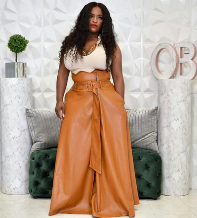 Womens High Waisted Faux Leather Vintage High A-Line Swing Maxi Skirt with Pockets