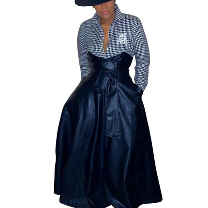 Womens High Waisted Faux Leather Vintage High A-Line Swing Maxi Skirt with Pockets