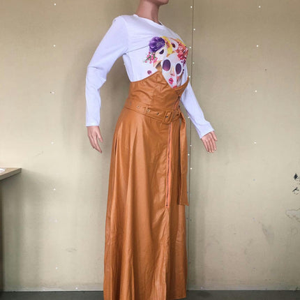 Womens High Waisted Faux Leather Vintage High A-Line Swing Maxi Skirt with Pockets