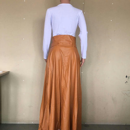Womens High Waisted Faux Leather Vintage High A-Line Swing Maxi Skirt with Pockets