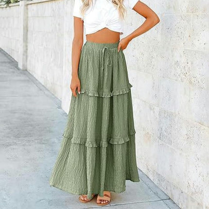 Women's Boho Long Skirts Flowy High Waist Tiered Ruffle A Line Maxi Skirts