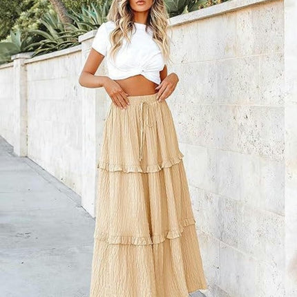 Women's Boho Long Skirts Flowy High Waist Tiered Ruffle A Line Maxi Skirts