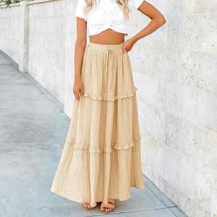 Women's Boho Long Skirts Flowy High Waist Tiered Ruffle A Line Maxi Skirts