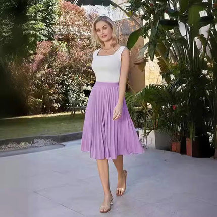 Womens Chiffon High Waist Pleated Skirt A-Line Swing Midi Skirts