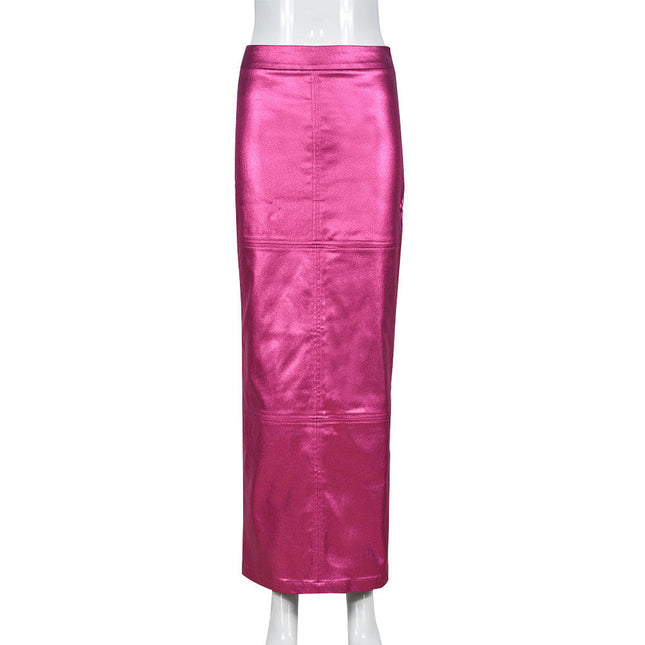 Women's Sparkly Metallic Long Skirt High Waist Faux Leather Bodycon Pencil Maxi Skirt