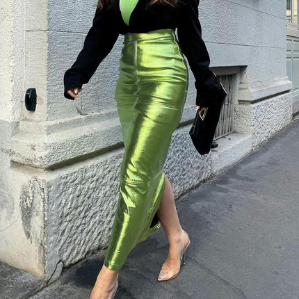 Women's Sparkly Metallic Long Skirt High Waist Faux Leather Bodycon Pencil Maxi Skirt