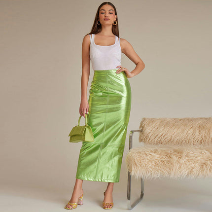 Women's Sparkly Metallic Long Skirt High Waist Faux Leather Bodycon Pencil Maxi Skirt