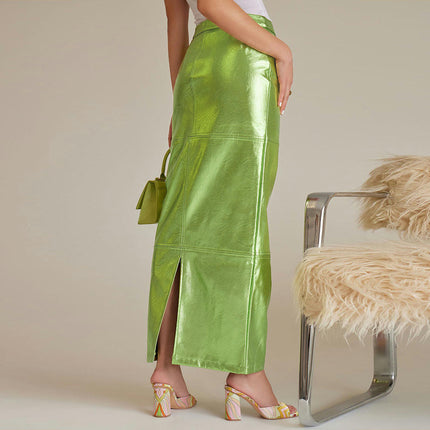 Women's Sparkly Metallic Long Skirt High Waist Faux Leather Bodycon Pencil Maxi Skirt