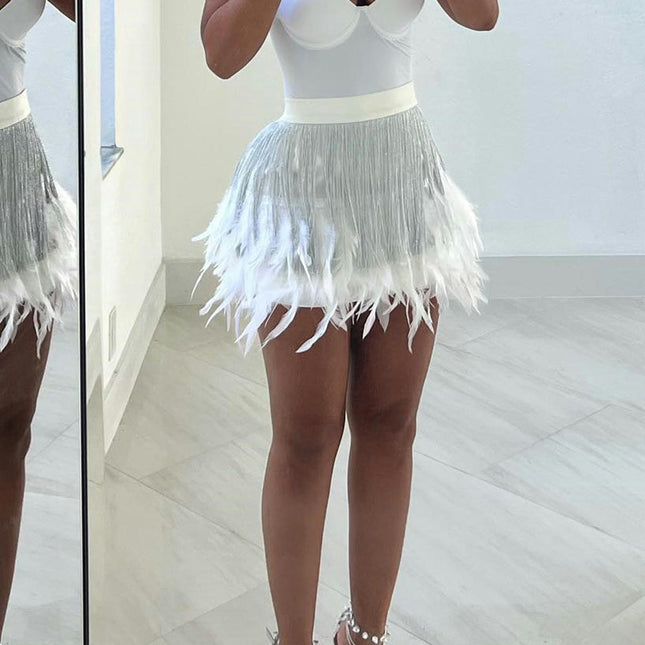 Women's Fringe Skirt High Waist Feather Bodycon Mini Skirts