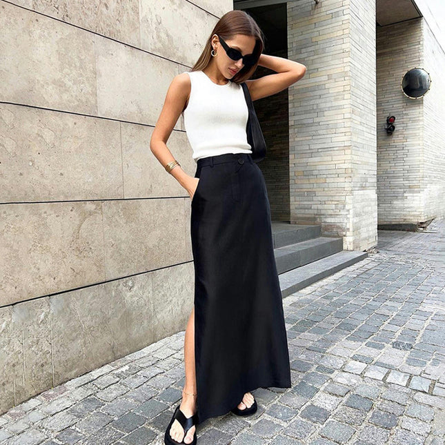 Women High Waisted Maxi Skirt Summer Slim Business Casual Pocket Long Skirts with Slit