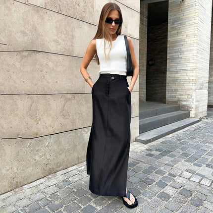 Women High Waisted Maxi Skirt Summer Slim Business Casual Pocket Long Skirts with Slit