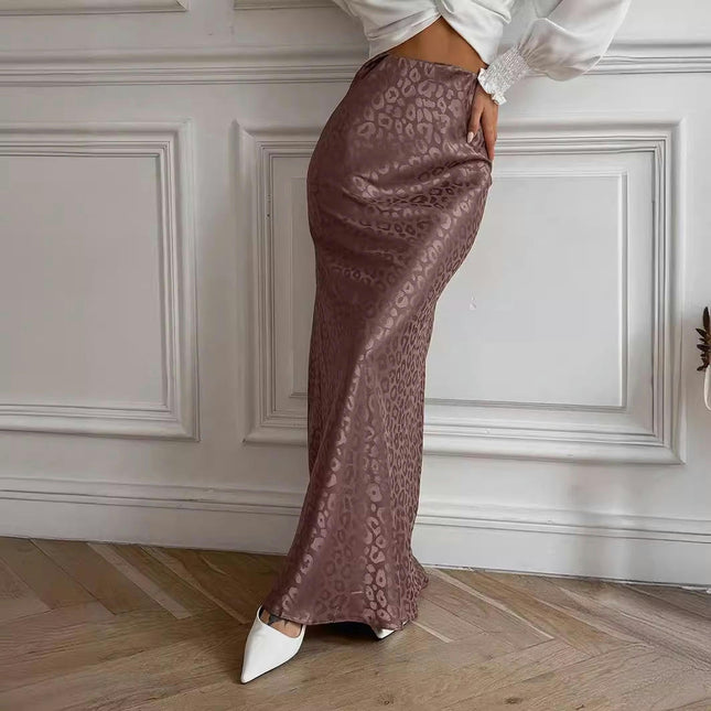 Womens Leopard Print Long Skirt Satin High Waist A-Line Maxi Skirts