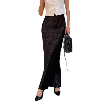 Womens Leopard Print Long Skirt Satin High Waist A-Line Maxi Skirts