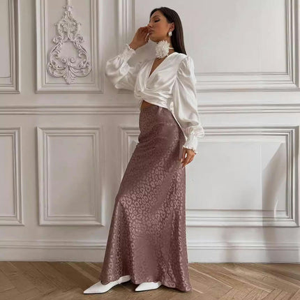 Womens Leopard Print Long Skirt Satin High Waist A-Line Maxi Skirts