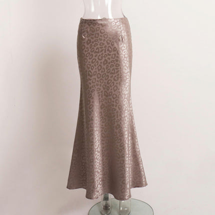 Womens Leopard Print Long Skirt Satin High Waist A-Line Maxi Skirts