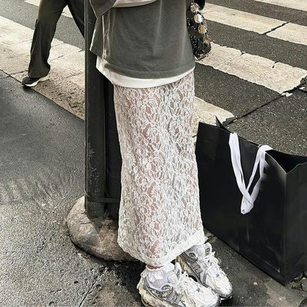 Women's Floral Lace Long Skirt See Through High Waist Maxi Skirt