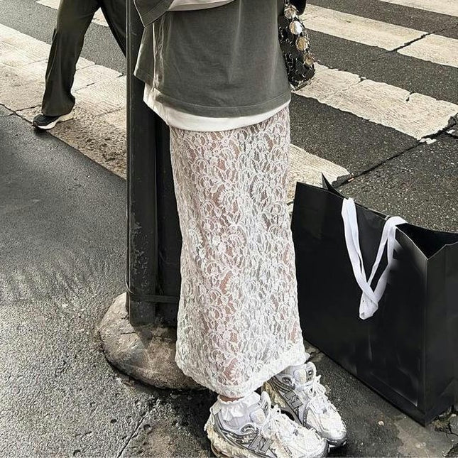 Women's Floral Lace Long Skirt See Through High Waist Maxi Skirt