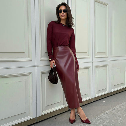 Women PU Faux Leather Bodycon Pencil Skirt High Waisted Long Skirt with Slit
