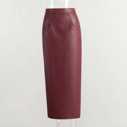 Women PU Faux Leather Bodycon Pencil Skirt High Waisted Long Skirt with Slit