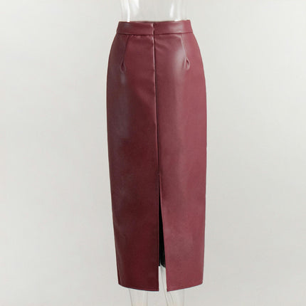 Women PU Faux Leather Bodycon Pencil Skirt High Waisted Long Skirt with Slit