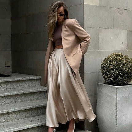 Women's Elegant Long Skirt Fashion High Waist A-Line Satin Skirts