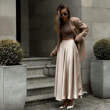 Women's Elegant Long Skirt Fashion High Waist A-Line Satin Skirts