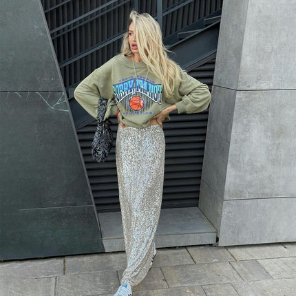 Women's Sequin Maxi Skirt Glitter Bodycon High Waisted Long Skirt