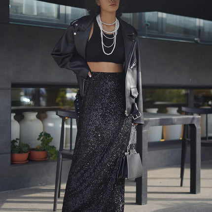 Women's Sequin Maxi Skirt Glitter Bodycon High Waisted Long Skirt