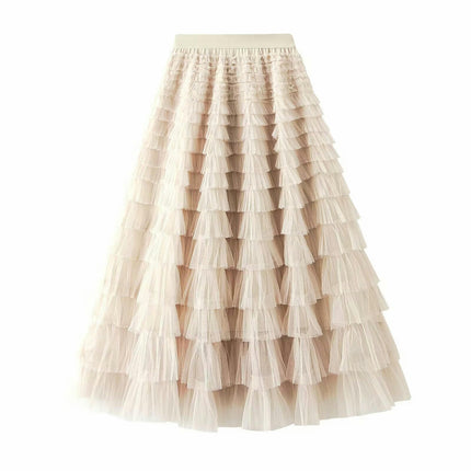Womens Long Tulle Skirts A Line High Waisted Layered Ruffle Pleated Mesh Skirt