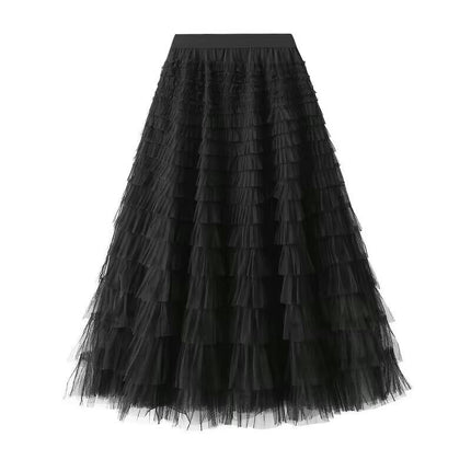 Womens Long Tulle Skirts A Line High Waisted Layered Ruffle Pleated Mesh Skirt