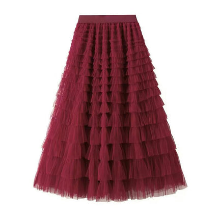 Womens Long Tulle Skirts A Line High Waisted Layered Ruffle Pleated Mesh Skirt