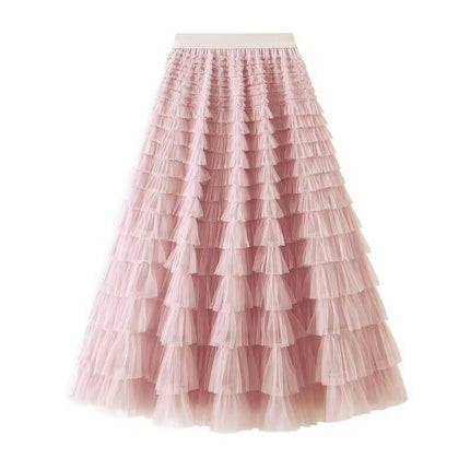 Womens Long Tulle Skirts A Line High Waisted Layered Ruffle Pleated Mesh Skirt