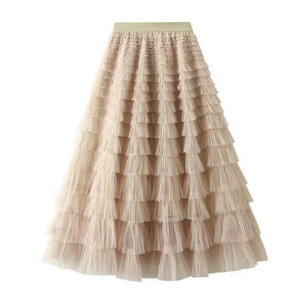 Womens Long Tulle Skirts A Line High Waisted Layered Ruffle Pleated Mesh Skirt