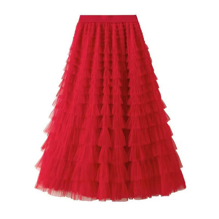 Womens Long Tulle Skirts A Line High Waisted Layered Ruffle Pleated Mesh Skirt