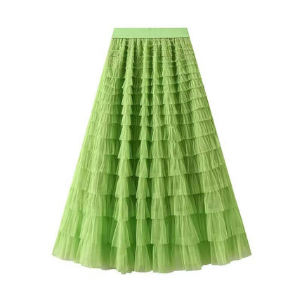 Womens Long Tulle Skirts A Line High Waisted Layered Ruffle Pleated Mesh Skirt