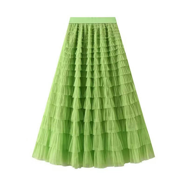 Womens Long Tulle Skirts A Line High Waisted Layered Ruffle Pleated Mesh Skirt
