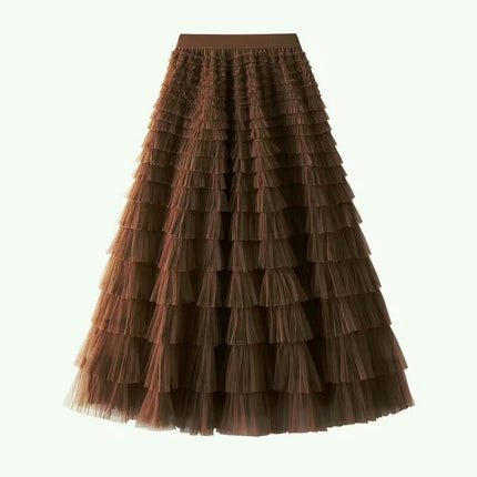 Womens Long Tulle Skirts A Line High Waisted Layered Ruffle Pleated Mesh Skirt