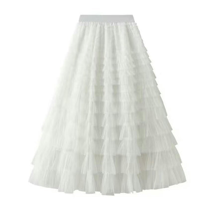 Womens Long Tulle Skirts A Line High Waisted Layered Ruffle Pleated Mesh Skirt