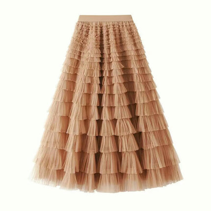 Womens Long Tulle Skirts A Line High Waisted Layered Ruffle Pleated Mesh Skirt