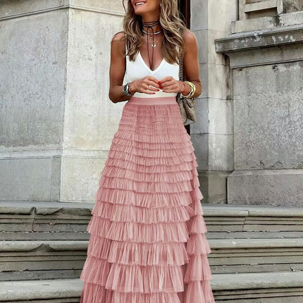 Womens Long Tulle Skirts A Line High Waisted Layered Ruffle Pleated Mesh Skirt