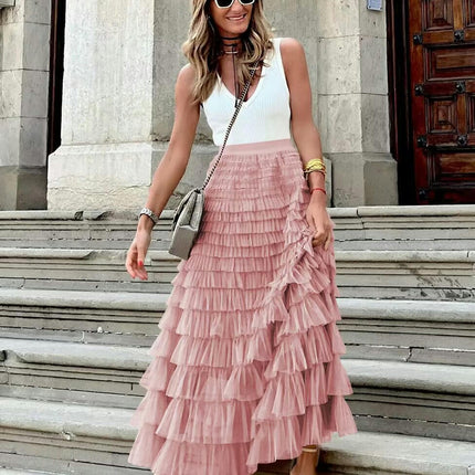 Womens Long Tulle Skirts A Line High Waisted Layered Ruffle Pleated Mesh Skirt