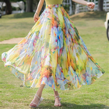 Women's Boho Floral Print Elastic High Waist Chiffon A Line Flowy Maxi Skirt