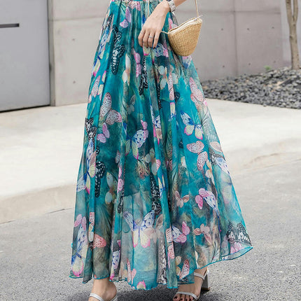 Women's Boho Floral Print Elastic High Waist Chiffon A Line Flowy Maxi Skirt