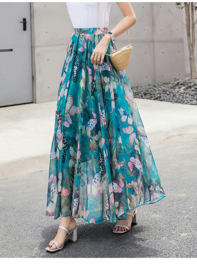 Women's Boho Floral Print Elastic High Waist Chiffon A Line Flowy Maxi Skirt