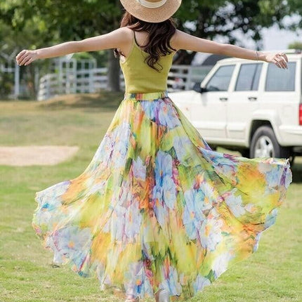 Women's Boho Floral Print Elastic High Waist Chiffon A Line Flowy Maxi Skirt