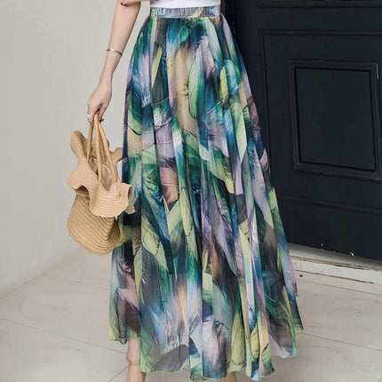 Women's Boho Floral Print Elastic High Waist Chiffon A Line Flowy Maxi Skirt