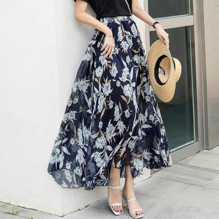 Women's Boho Floral Print Elastic High Waist Chiffon A Line Flowy Maxi Skirt
