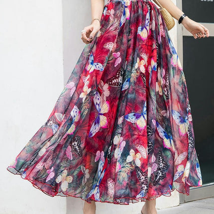 Women's Boho Floral Print Elastic High Waist Chiffon A Line Flowy Maxi Skirt